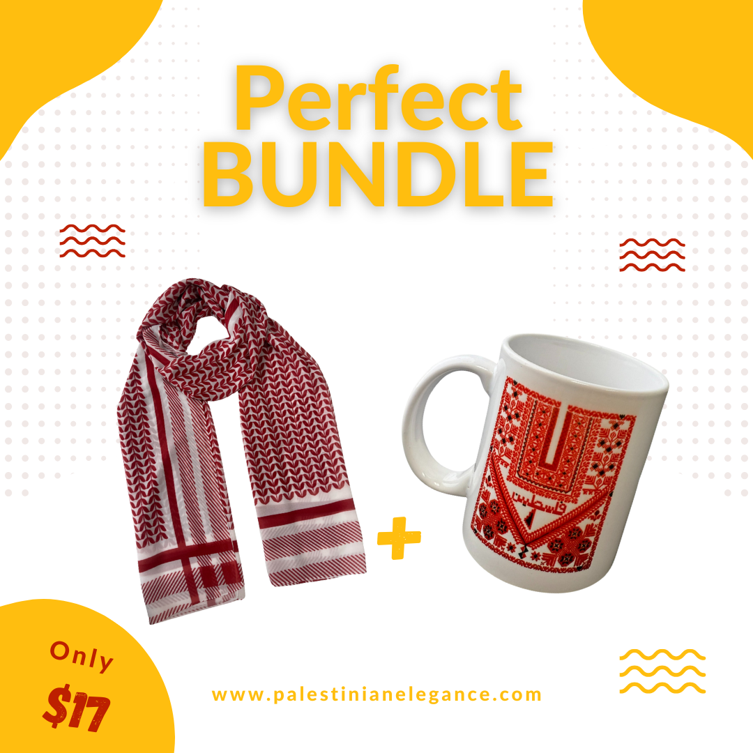 Cultural Pride & Heritage Bundle: Full Red Kuffiyeh Hijab & Palestine Coffee Cups