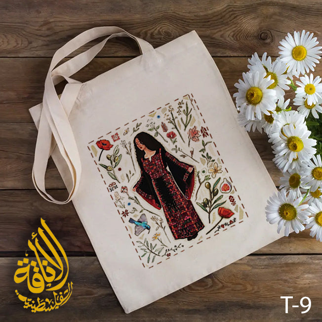 Palestinian Woman Character Tote Bags with Cultural Symbols