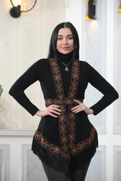 Elegant chiffon vest featuring traditional embroidered patterns.
