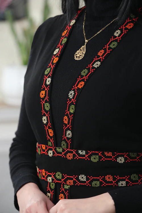 Embroidered Chiffon Vest showcasing traditional Palestinian motifs, crafted from luxurious chiffon fabric