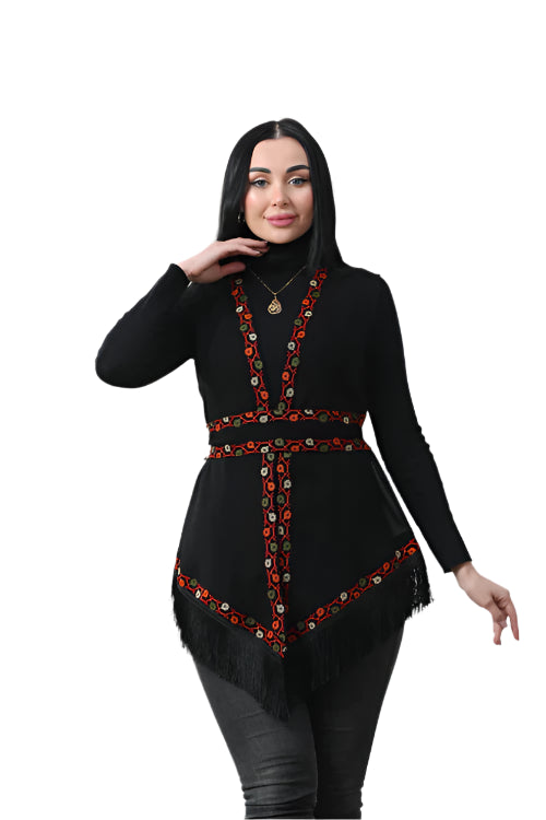 Embroidered Chiffon Vest showcasing traditional Palestinian motifs, crafted from luxurious chiffon fabric.