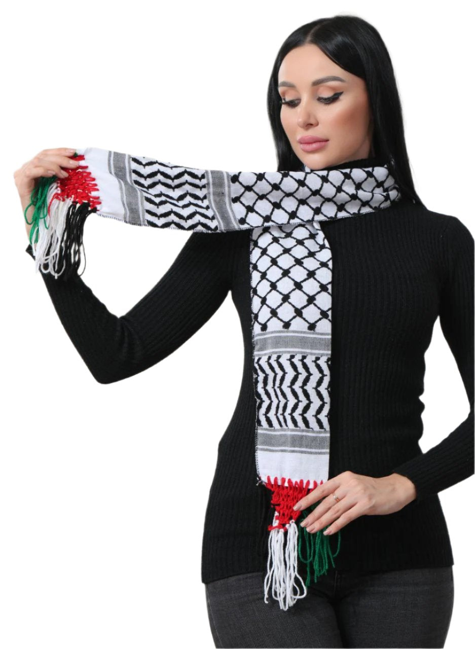 High-Quality Kuffiyeh Scarf with Palestine Color Strings – Authentic Design